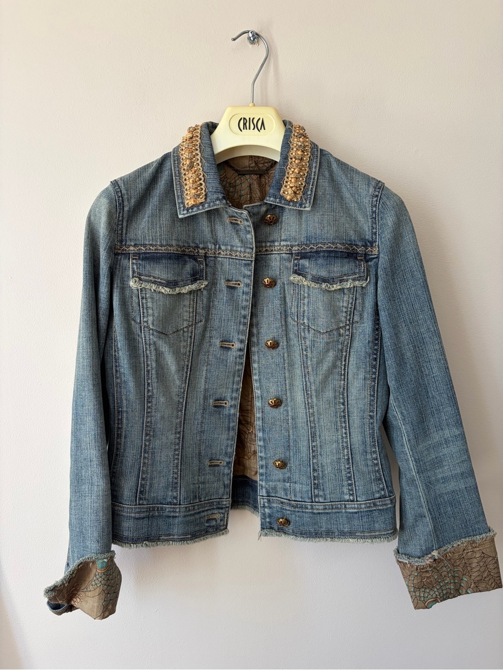 Élie Tahari. Embellished Collar Light Wash Denim Jacket